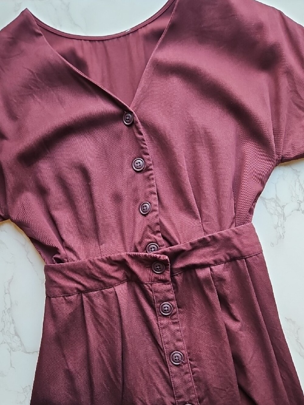 Vetta Capsule  Burgundy Button-Front V-Neck Midi Dress 0